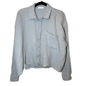 Miss Love Cotton Gauze Raw Hem Long Sleeve Button Front Shirt Small Light Blue